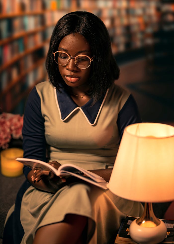 Woman sitting in a Library and Reading a Book