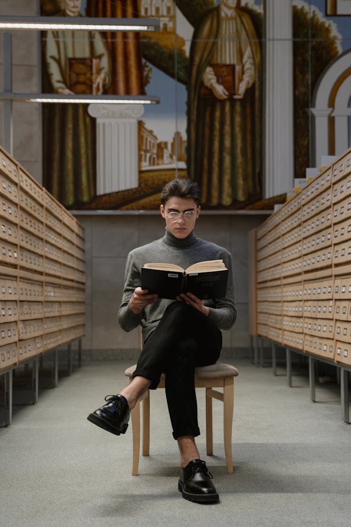 Man Reading a Book at the Aisle